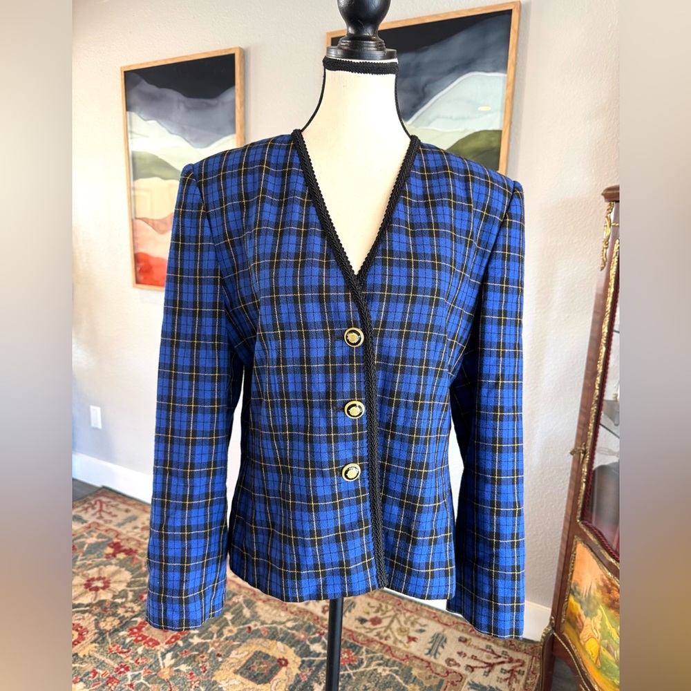 Vintage Le Suit Blue and Yellow Plaid Blazer